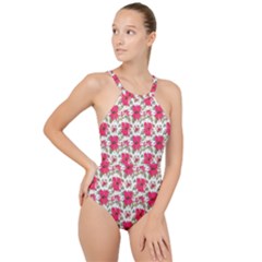 Retro 1880s Flowers Pattern 14 High Neck One Piece Swimsuit by violetheavensky