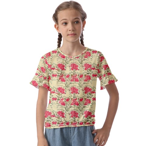 Retro 1880s Flowers Pattern 18 Kids  Cuff Sleeve Scrunch Bottom T-shirt by violetheavensky