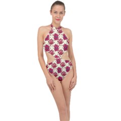 Retro 1880s Flowers Pattern 21 Halter Side Cut Swimsuit