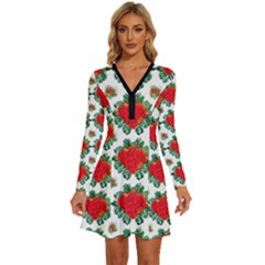 Retro 1880s Flowers Pattern 13 Long Sleeve Deep V Mini Dress 