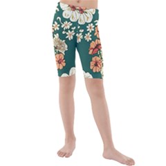 Retro 1880s Flowers Pattern 20 Kids  Mid Length Swim Shorts