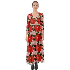 Poinsettia Pattern Seamless Pattern Christmas Xmas Button Up Boho Maxi Dress