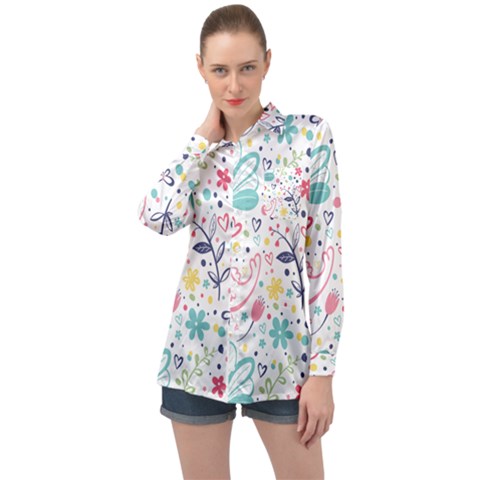 Cute Bird Pattern Long Sleeve Satin Shirt by designsbymallika