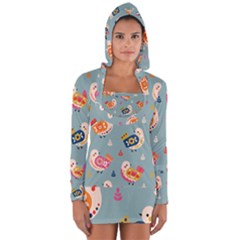 Cute Bird Pattern Long Sleeve Hooded T-shirt by designsbymallika