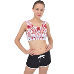 A Design Of A Red Flower On A White Background V-back Sports Bra