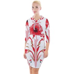 A Design Of A Red Flower On A White Background Quarter Sleeve Hood Bodycon Dress