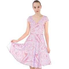 A Pink And White Abstract Design On A White Background Cap Sleeve Front Wrap Midi Dress