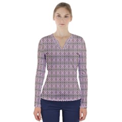 A Pink And Brown Pattern On A White Background V-neck Long Sleeve Top