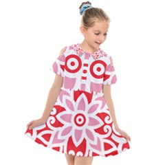 A Red And White Pattern With A Flower On It Kids  Short Sleeve Shirt Dress by catchydesignhill