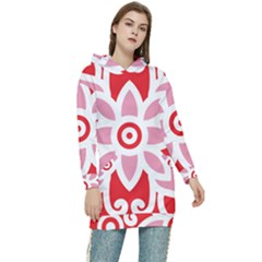 A Red And White Pattern With A Flower On It Women s Long Oversized Pullover Hoodie by catchydesignhill