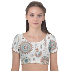 Pastel-boho-pattern Velvet Short Sleeve Crop Top 