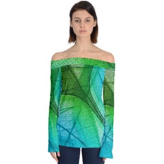 3d Leaves Texture Sheet Blue Green Off Shoulder Long Sleeve Top