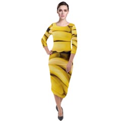 Bananas, Macro, Fruits, Ripe Bananas Quarter Sleeve Midi Velour Bodycon Dress