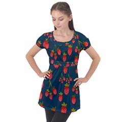 Strawberry Texture, Blue Background With Strawberries Puff Sleeve Tunic Top