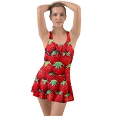 Strawberry Texture, Macro, Ripe Strawberry Ruffle Top Dress Swimsuit