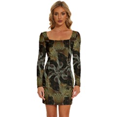 Abstract Ornate Organic Texture Design Print Long Sleeve Square Neck Bodycon Velvet Dress by dflcprintsclothing