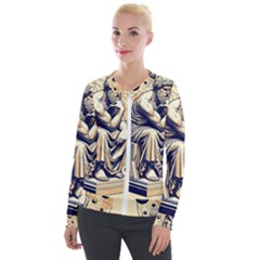 Thinker Sculpture Design Geometric Velvet Zip Up Jacket