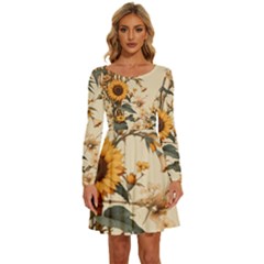 Sunflower Flowers Nature Trees Long Sleeve Wide Neck Velvet Dress