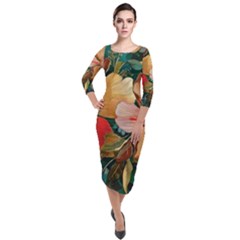  Floral Design 03 Quarter Sleeve Midi Velour Bodycon Dress