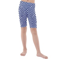 Blue And White Abstract Stripes Kids  Mid Length Swim Shorts