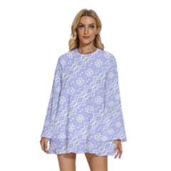 Light Purple And White Floral Pattern Round Neck Long Sleeve Bohemian Style Chiffon Mini Dress