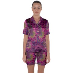 Abstract Purple Pattern Satin Short Sleeve Pajamas Set