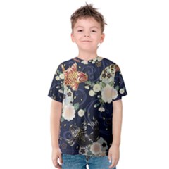 Japanese Wave Koi Illustration Pattern Kids  Cotton T-shirt