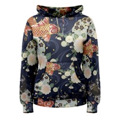 Japanese Wave Koi Illustration Pattern Women s Pullover Hoodie