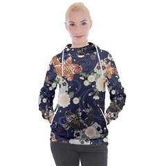 Japanese Wave Koi Illustration Pattern Women s Hooded Pullover