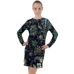 Pattern Flowers Plants Leaves Long Sleeve Hoodie Dress