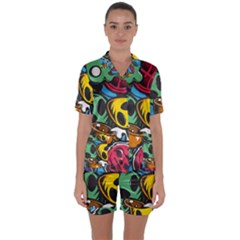 Funky Alien Pattern Abstract Colourful Drawing Satin Short Sleeve Pajamas Set