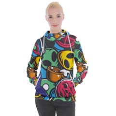 Funky Alien Pattern Abstract Colourful Drawing Women s Hooded Pullover by Posterlux