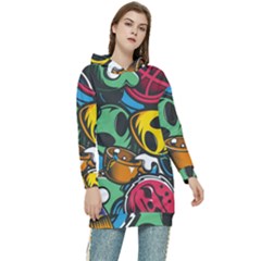 Funky Alien Pattern Abstract Colourful Drawing Women s Long Oversized Pullover Hoodie by Posterlux