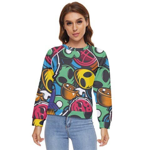 Funky Alien Pattern Abstract Colourful Drawing Women s Long Sleeve Raglan T-shirt by Posterlux