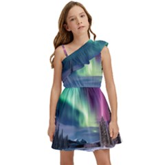 Northern Lights Aurora Night Nature Kids  One Shoulder Party Dress by Posterlux