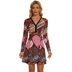 Sweet Food Seamless Pattern Long Sleeve Deep V Mini Dress 