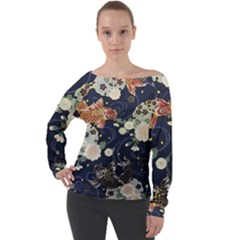 Japanese Wave Koi Illustration Pattern Off Shoulder Long Sleeve Velour Top