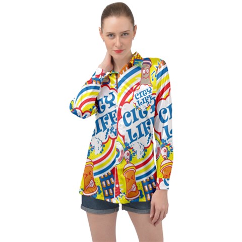 Colorful City Life Horizontal Seamless Pattern Urban City Long Sleeve Satin Shirt by Bedest