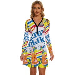 Colorful City Life Horizontal Seamless Pattern Urban City Long Sleeve Deep V Mini Dress 