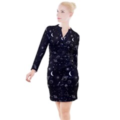 Cosmic Black Space Star Button Long Sleeve Dress