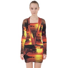 Sunset Nature Sea Dusk Landscape V-neck Bodycon Long Sleeve Dress by Salmanaz77