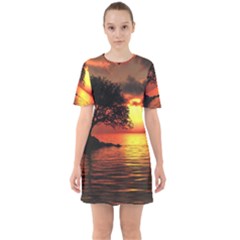 Sunset Nature Sea Dusk Landscape Sixties Short Sleeve Mini Dress by Salmanaz77