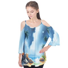 Delicate Watercolor Painting Surreal Oasis Scene With Intense Dramatic Lighting Flutter Sleeve T-shirt