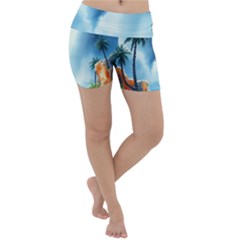 Delicate Watercolor Painting Surreal Oasis Scene With Intense Dramatic Lighting Lightweight Velour Yoga Shorts