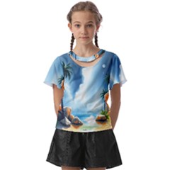 Delicate Watercolor Painting Surreal Oasis Scene With Intense Dramatic Lighting Kids  Front Cut T-shirt