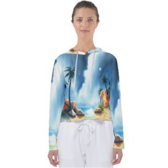 Delicate Watercolor Painting Surreal Oasis Scene With Intense Dramatic Lighting Women s Slouchy Sweat