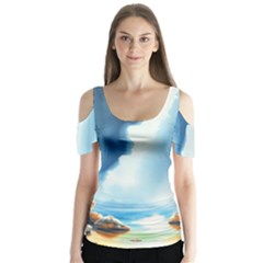 Delicate Watercolor Painting Surreal Oasis Scene With Intense Dramatic Lighting Butterfly Sleeve Cutout T-shirt 