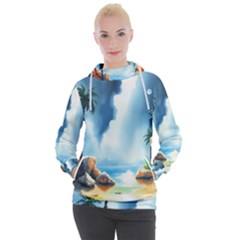 Delicate Watercolor Painting Surreal Oasis Scene With Intense Dramatic Lighting Women s Hooded Pullover