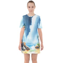 Delicate Watercolor Painting Surreal Oasis Scene With Intense Dramatic Lighting Sixties Short Sleeve Mini Dress by pollyparadiseartshop