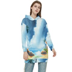 Delicate Watercolor Painting Surreal Oasis Scene With Intense Dramatic Lighting Women s Long Oversized Pullover Hoodie